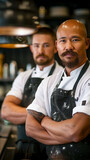 Twin bald men, stern, chefs, tattoos, leather aprons, confident stance.
