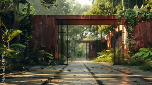 An industrial-style villa entrance with a steel gate and concrete pathway.