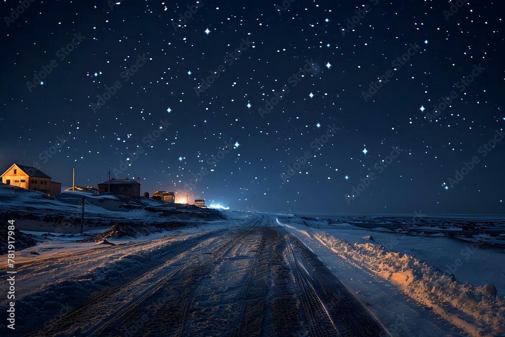 Starry Night Over Snowy Village Road. Concept Winter Landscape, Night Sky, Snowy Village Road, Starry Night Illustration,