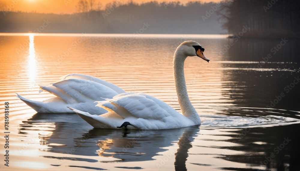 Two swans glide gracefully on calm lake waters, bathed in the golden light of a tranquil sunrise, creating a mirror-like reflection.. AI Generation Two swans glide gracefully on calm lake waters, bathed in the golden light of a tranquil sunrise, creating a mirror-like reflection.. AI Generation