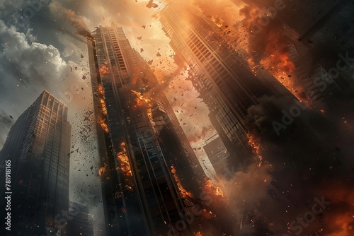 Collapsing Skyscrapers, Apocalyptic Scene, Fire Explosions in Modern City Center, Bomb Destruction