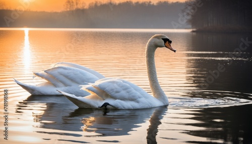 Two swans glide gracefully on calm lake waters  bathed in the golden light of a tranquil sunrise  creating a mirror-like reflection.. AI Generation