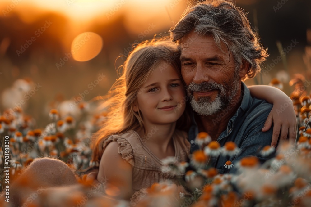 Heartwarming scene of a man and young girl enjoying a field of flowers during golden hour Heartwarming scene of a man and young girl enjoying a field of flowers during golden hour