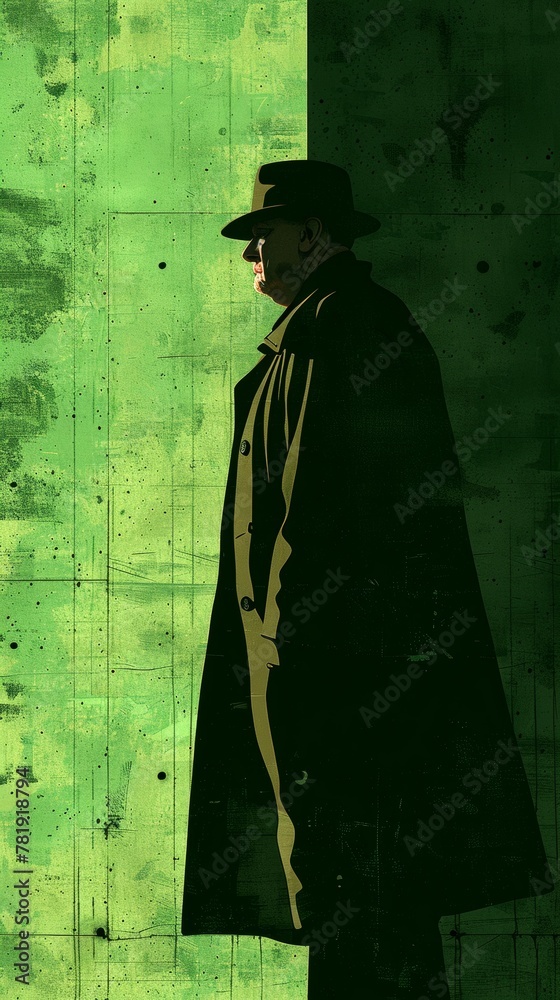 Man in Coat and Hat Standing in Front of Green Wall