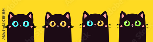Cat head face set. Black silhouette icon. Kitten with big blue, green, yellow eyes. Cute cartoon funny pet character. Funny kawaii animal. Flat design. Pink ears, nose, cheek. Yellow background Vector