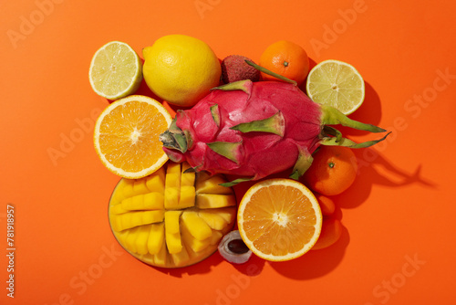 Fototapeta Naklejka Na Ścianę i Meble -  Set of tropical fruit on orange background, top view
