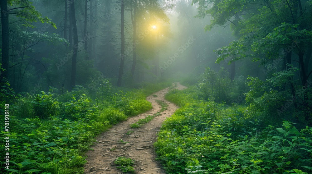 forest path, winding through greenery with sunlight filtering through the trees