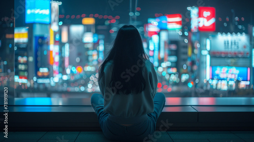 girl with long hair sits on the balcony, facing away from us and looking at cityscape in neon lights
