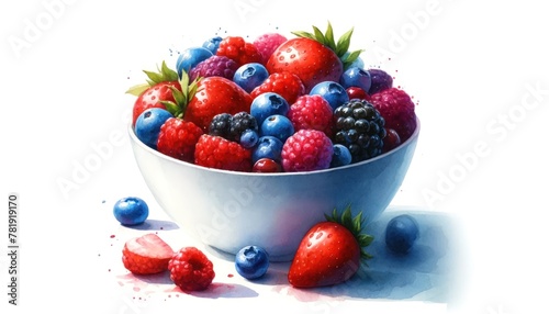 Bright watercolor bowl of mixed summer berries  rich reds and blues  morning freshness on white. 