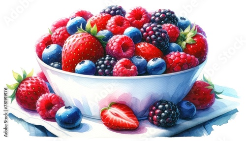 Bright watercolor bowl of mixed summer berries  rich reds and blues  morning freshness on white. 