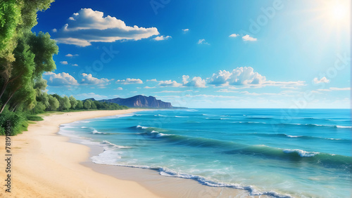 This tranquil image captures a serene beach scene with crystal-clear turquoise waters, sunlit sand, and lush green coastline