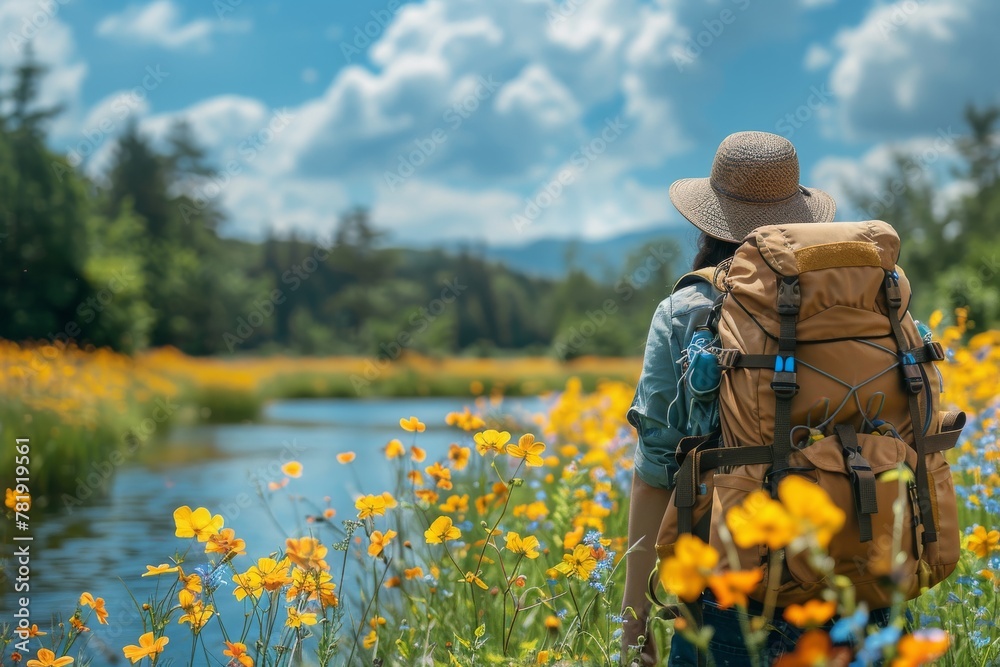 A serene scene of a hiker contemplating a stunning landscape with wildflowers and a river