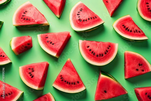 Slice of watermelon on green background, top view.