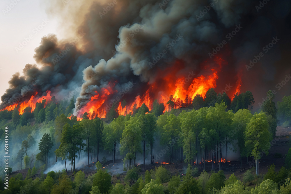 An enormous wildfire engulfs a lush forest, sending a massive cloud of smoke into the sky, reflecting the intensity of the flames
