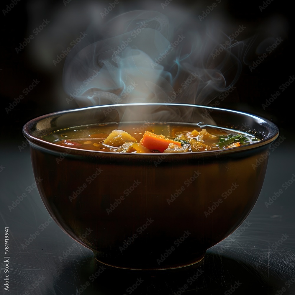 Aromatic Vegetable Soup in Brown Bowl on Dark Surface Aromatic Vegetable Soup in Brown Bowl on Dark Surface