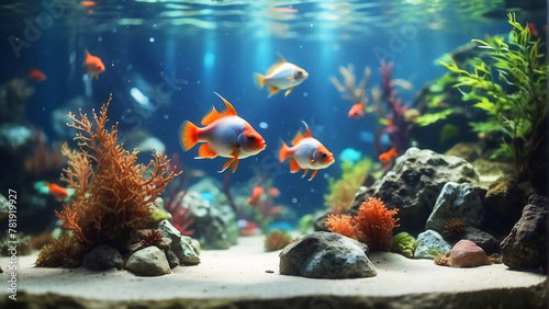 An underwater habitat with several orange fish among green plants and diverse stone formations creating life in still waters