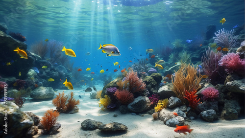 A vivid underwater seascape with fish swimming around rich, colorful coral reefs bathed in sunlight filtering through the water