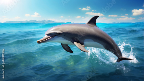Majestic dolphin captured mid-leap above glistening ocean waves  with a realistic impression of freedom and grace