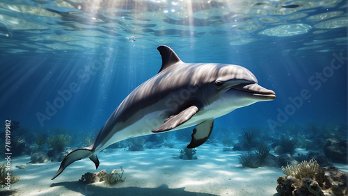 An underwater perspective shows a dolphin as it elegantly swims near the ocean floor  surrounded by coral