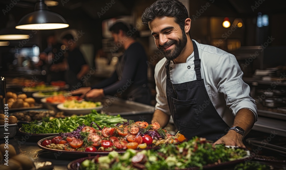 Man Standing in Front of a Counter Overflowing With Food Man Standing in Front of a Counter Overflowing With Food