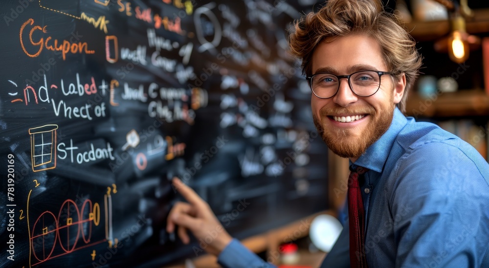 A male teacher Standing in Front of Chalkboard A male teacher Standing in Front of Chalkboard