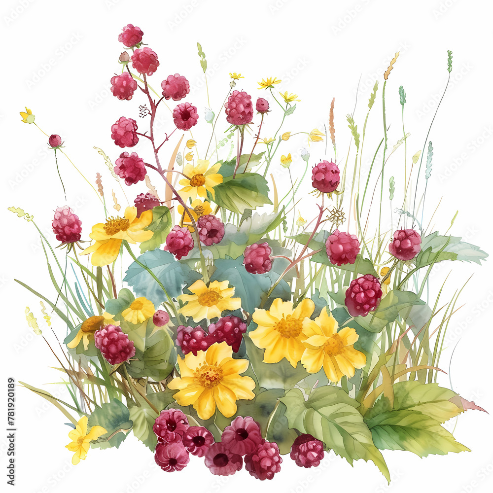 Raspberries in meadow, white background, watercolor illustration. Raspberries in meadow, white background, watercolor illustration.
