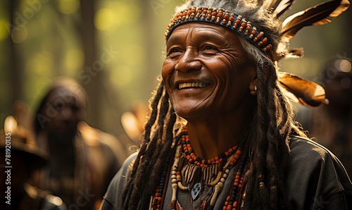 Native American Man Smiling in Forest © uhdenis