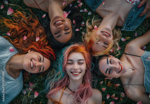 Top view of four happy friends with colorful hair lying on the grass, smiling and looking at the camera. They are dressed casually in pastel colors. © Kien