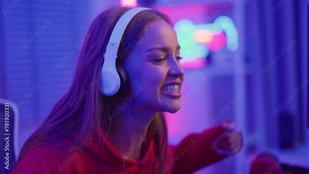 Caucasian e-sport woman gamer playing online video game on computer. 