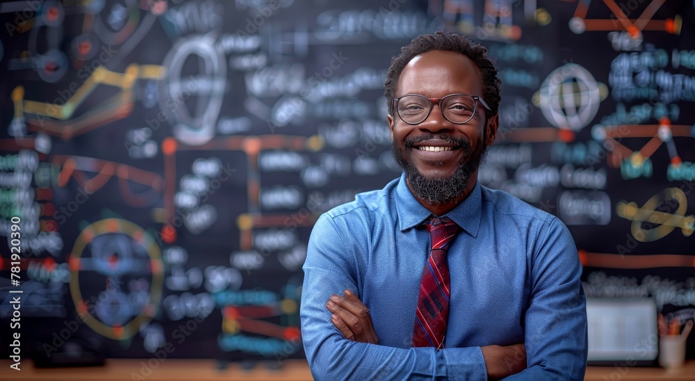 A male teacher Standing in Front of Chalkboard A male teacher Standing in Front of Chalkboard