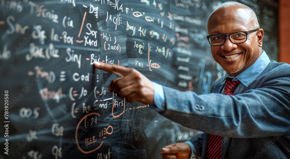 Man in Suit Pointing at Blackboard Man in Suit Pointing at Blackboard