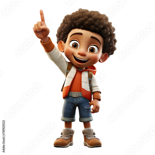 Afro boy pointing with index finger, 3D style, isolated on blank background.