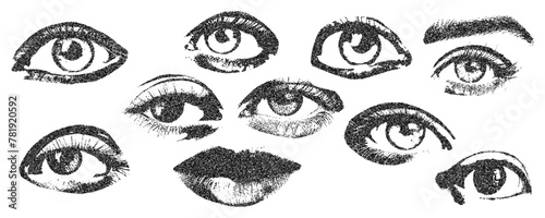 Eyes and lips with monochrome halftone stipple effect, for grunge punk y2k collage design. Elements in brutalist retro photocopy design. Vector illustration for vintage banner, music poster