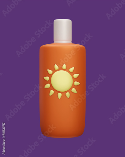 3D SPF sunscreen spray beauty cosmetic vector illustration. Orange 3D sun safety UV protection summer cosmetic treatment essential. SPF sunblock lotion spray bottle isolated.