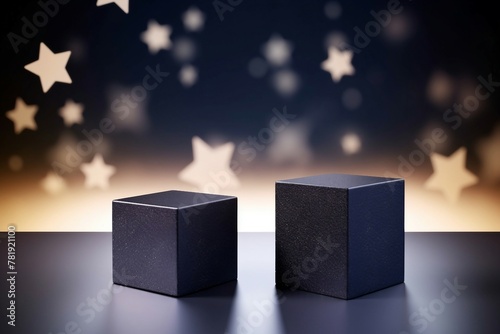 紺色と黒のグラデーション背景に星型のボケライトと四角い展示台が二つある抽象バナー © Queso