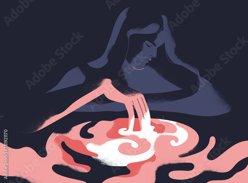 Depressed sad woman. Mental health problem, psychology crisis, sadness, depression and overthinking, abstract concept. Light of hope in darkness. Melancholy silhouette. Flat vector illustration