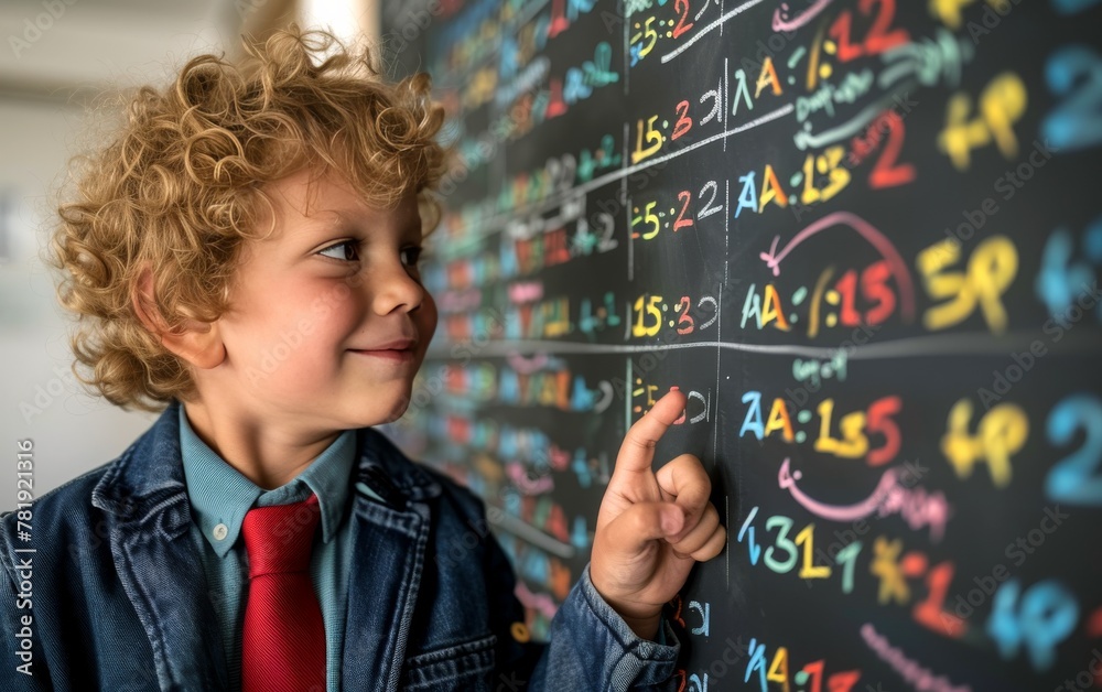 Young Boy in Suit Pointing at Chalkboard Young Boy in Suit Pointing at Chalkboard