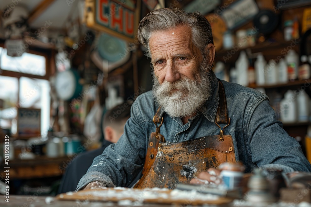 Skilled craftsman with a well-groomed beard working in his vintage workshop