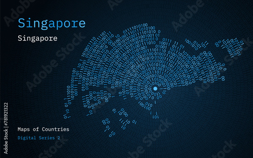 A map of Singapore depicted in zeros and ones in the form of a circle. The capital, Singapore City, is shown in the center of the circle