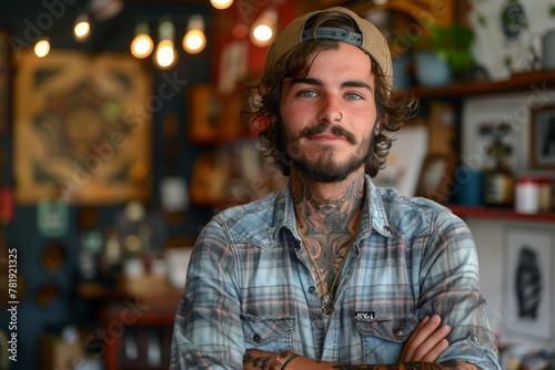 Tattooed hipster man confidently posing with crossed arms at his tattoo shop