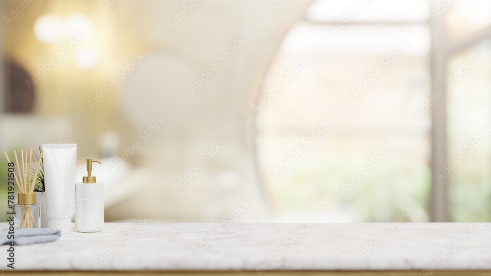 A space and toiletries on a marble tabletop with a blurred background of a luxurious bathroom. A space and toiletries on a marble tabletop with a blurred background of a luxurious bathroom.