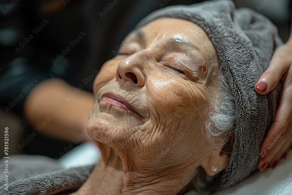 A barber's meticulous care as they wrap a customer's face with a warm towel, prepping for a shave or treatment A barber's meticulous care as they wrap a customer's face with a warm towel, prepping for a shave or treatment