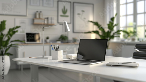 Modern doctor office with laptop, table lamp, stationery and decor on white table over blurred background. doctor's office, examination room. 3d render, 3d illustration