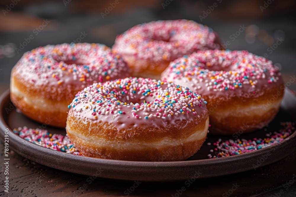 Multiple donuts with vibrant sprinkles create a lively and tempting image, perfect for those with a sweet tooth Multiple donuts with vibrant sprinkles create a lively and tempting image, perfect for those with a sweet tooth