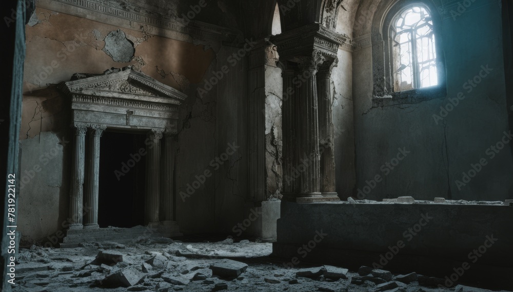 The remains of a grand hall, touched by sunlight through a window, showcase dilapidated elegance with debris scattered across the floor.. AI Generation The remains of a grand hall, touched by sunlight through a window, showcase dilapidated elegance with debris scattered across the floor.. AI Generation