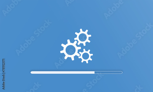 Update or upgrade symbol gear wheels and load bar for any software, hardware and technology system. Blue background update or process template. Web vector illustration.