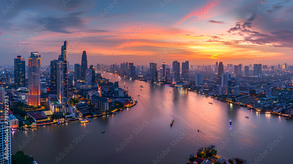 Naklejka premium Aerial view of Bangkok skyline at dusk with modern business building