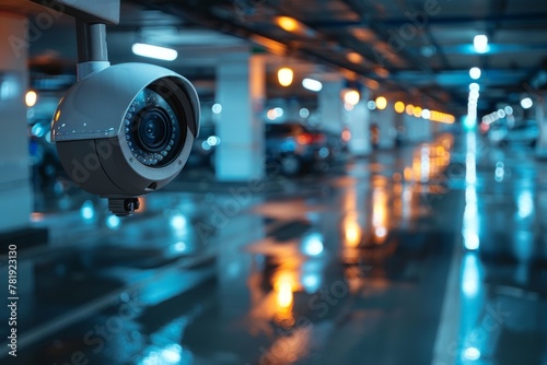 selective focus, security camera surveilling cars in a covered parking lot