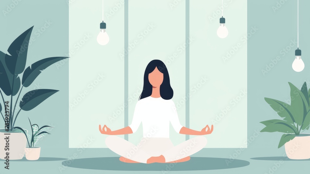 Illustration of a woman sitting in the lotus position and doing yoga on a light empty background. Concept of taking care of the body, sports, mental health, spiritual development and meditation
