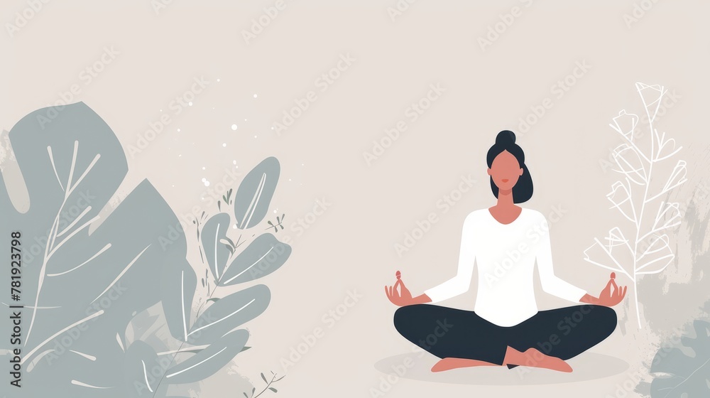 Illustration of a woman sitting in the lotus position and doing yoga on a light empty background. Concept of taking care of the body, sports, mental health, spiritual development and meditation
